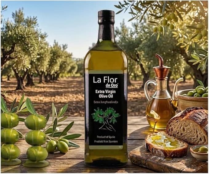 Extra virgin olive oil bottle in an olive grove