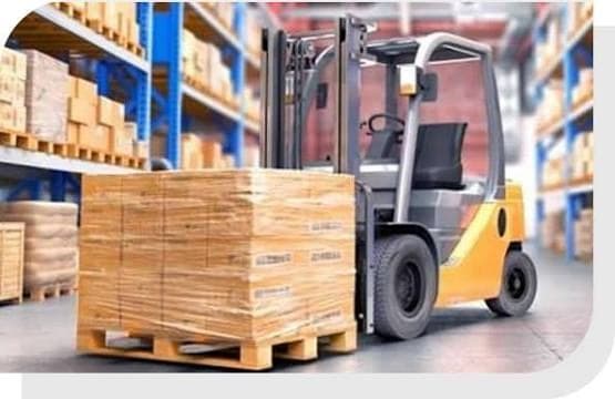 Warehouse pallets and forklift